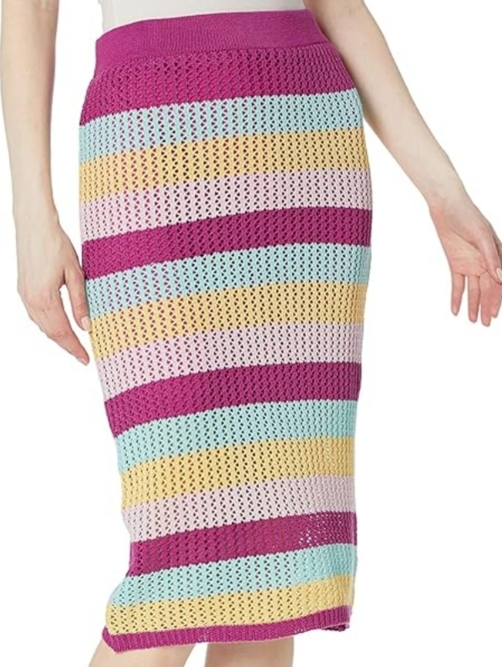 BCBGeneration Striped Knit Boho Midi Skirt in Fuchsia, Yellow, Aqua, Pink Size M